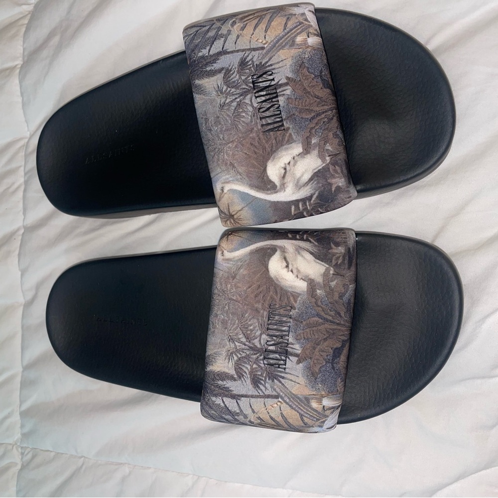 AllSaints Black Slides with Grey Tropical Print Strap